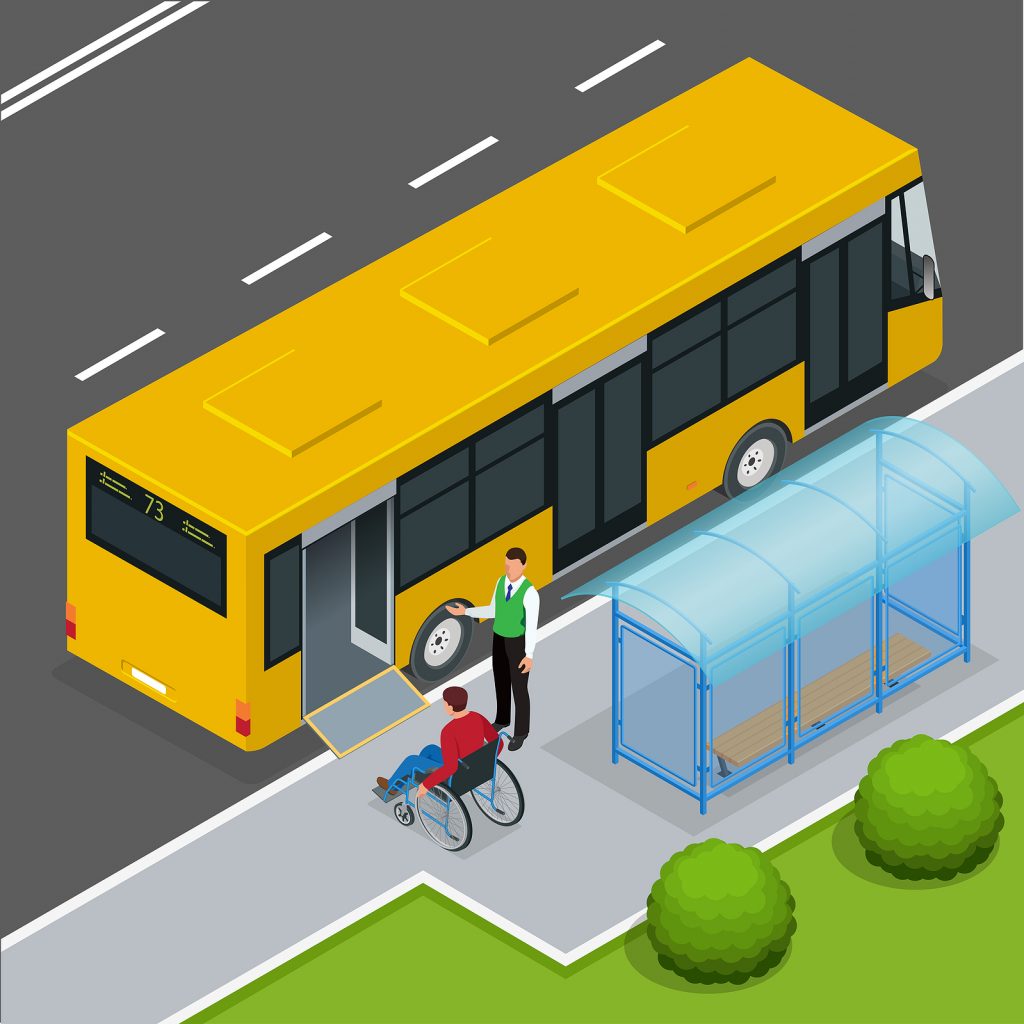 Świadomość niepełnosprawności na obrazku człowiek na wózku inwalidzkim wjeżdża do autobusu