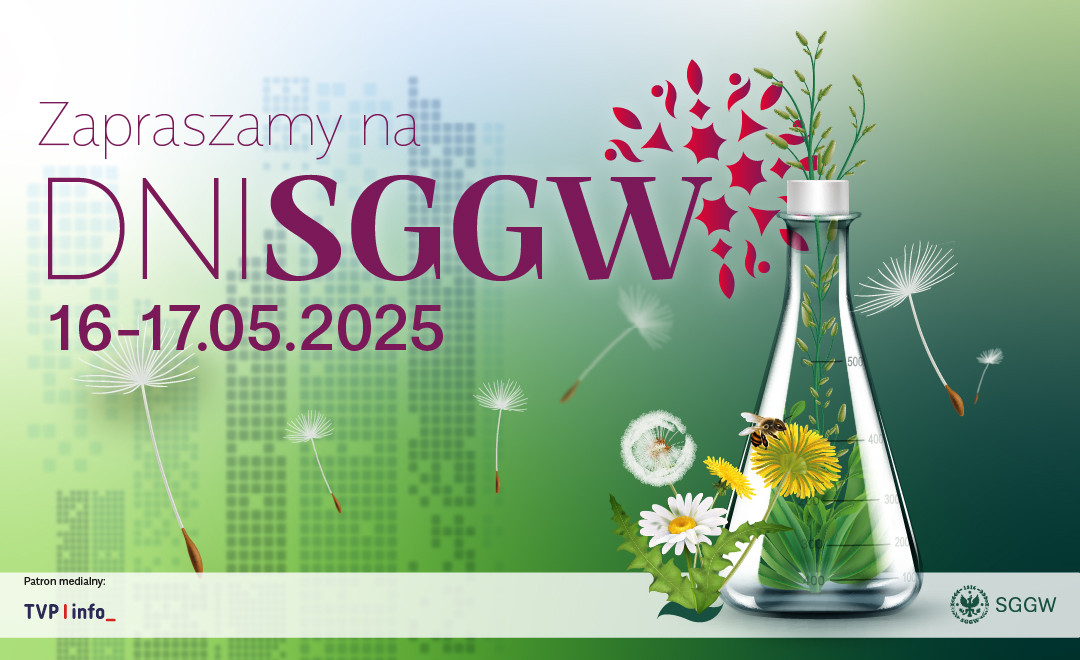 Zaproszenie na dni SGGW, 16 i 17 maja 2025 roku, zielone tło, kilka mleczy, dmuchawce, pszczoła